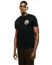 Men's Conan Pima Back Graphic Tee, a black Pima cotton jersey t-shirt with a classic fit and a small white stylized Psycho Bunny block graphic on the left chest.
