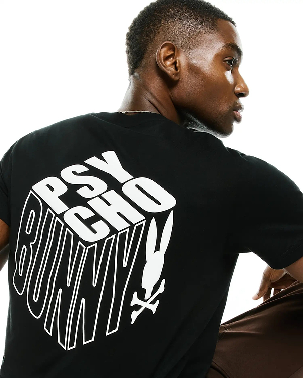 Men's Conan Pima Back Graphic Tee, a black classic fit Pima cotton jersey t-shirt featuring a large white 3D-effect Psycho Bunny text graphic and iconic bunny skull logo on the back.
