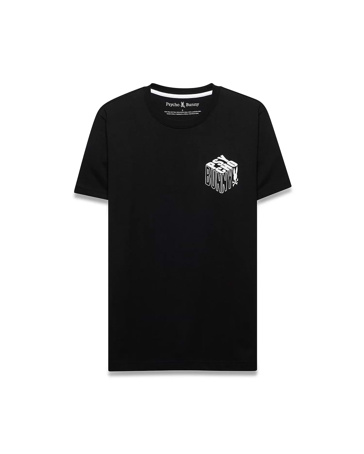 Men's Conan Pima Back Graphic Tee, a classic fit black Pima cotton jersey t-shirt featuring a small white 3D-effect Psycho Bunny text graphic with skull logo on the left chest.