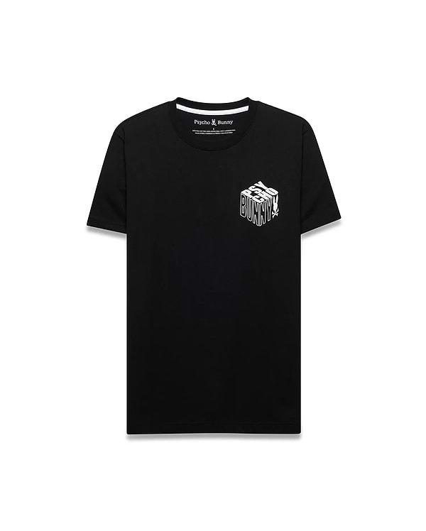 Men's Conan Pima Back Graphic Tee, a classic fit black Pima cotton jersey t-shirt featuring a small white 3D-effect Psycho Bunny text graphic with skull logo on the left chest.