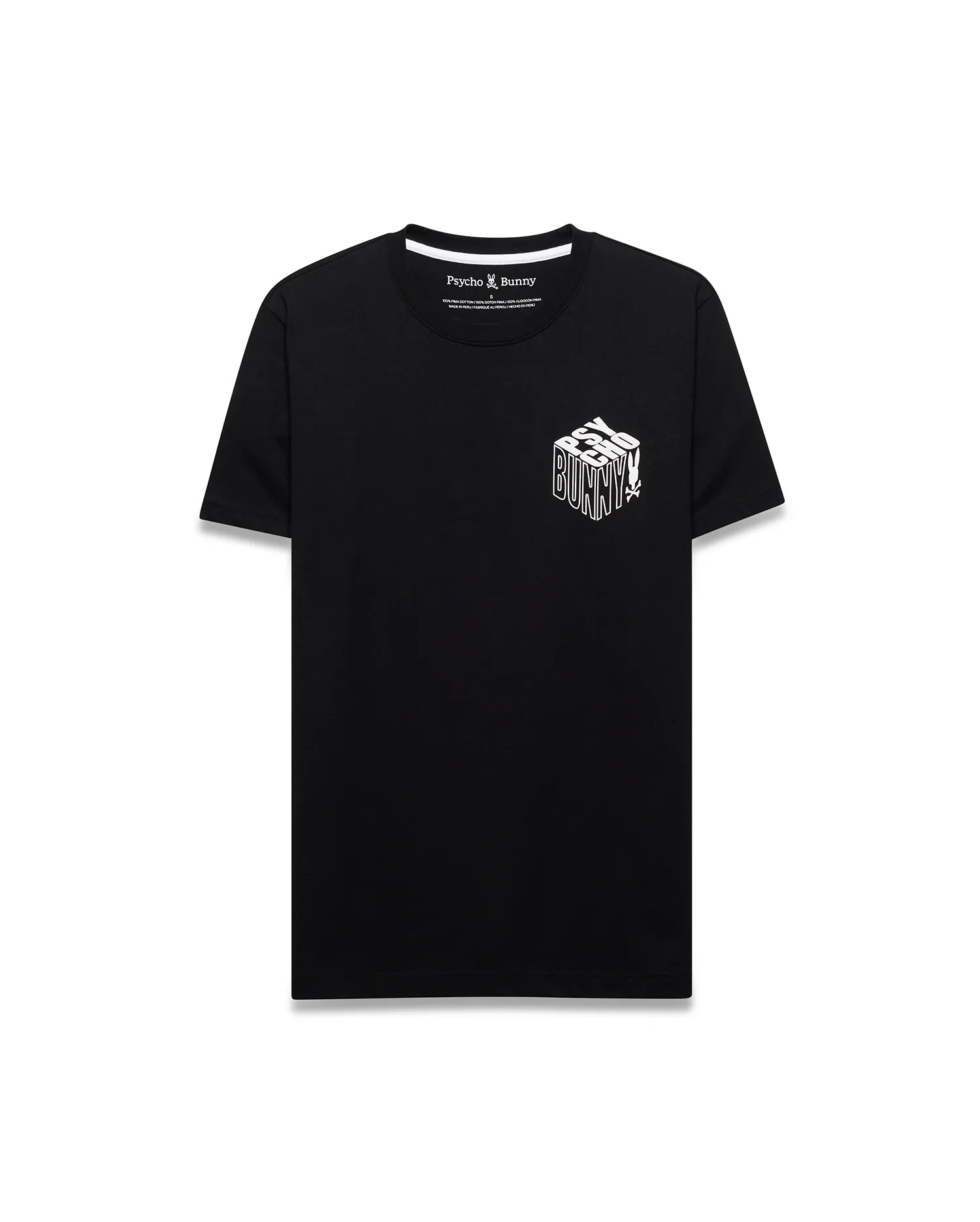 Men's Conan Pima Back Graphic Tee, a classic fit black Pima cotton jersey t-shirt featuring a small white 3D-effect Psycho Bunny text graphic with skull logo on the left chest.
