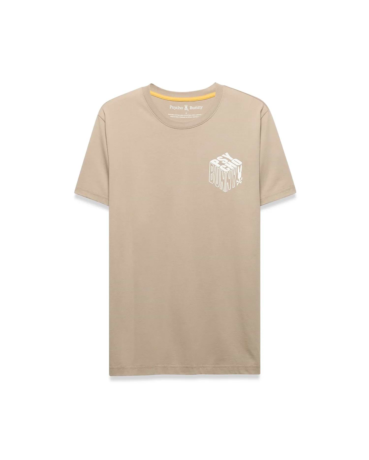 Mens Conan Back Graphic Tee, a classic fit tan jersey t-shirt featuring a large white 3D-effect Psycho Bunny text and skull logo graphic on the left chest, with yellow inner neck tape.