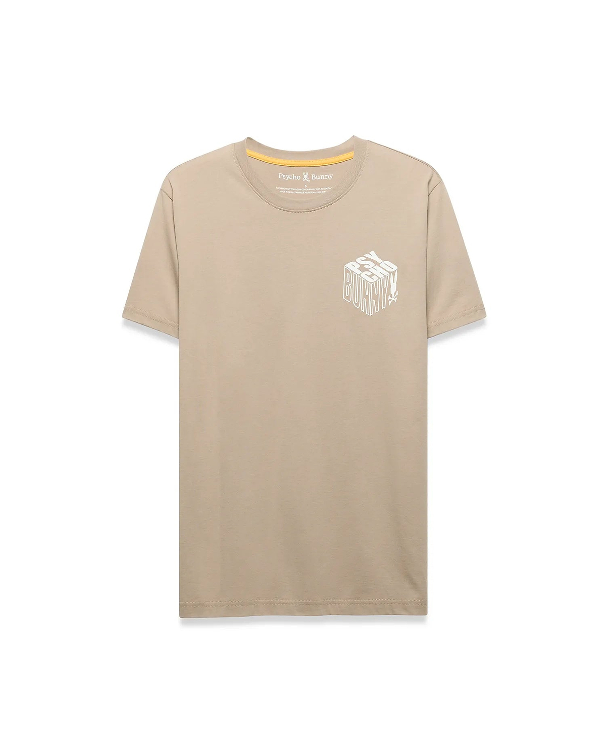 Mens Conan Back Graphic Tee, a classic fit tan jersey t-shirt featuring a large white 3D-effect Psycho Bunny text and skull logo graphic on the left chest, with yellow inner neck tape.