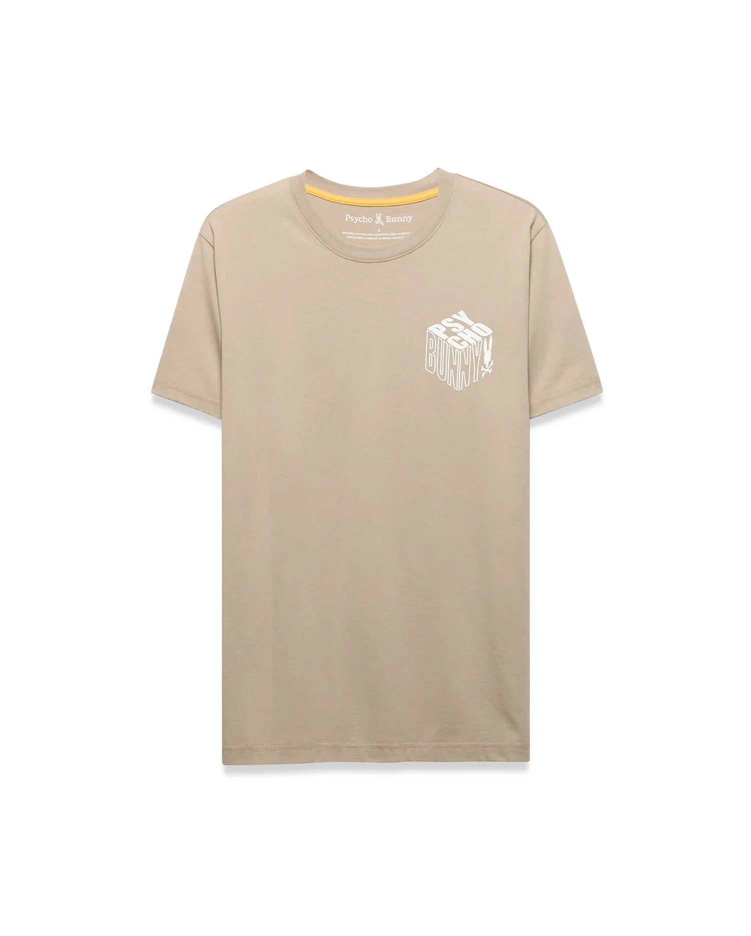 Mens Conan Back Graphic Tee, a classic fit tan jersey t-shirt featuring a large white 3D-effect Psycho Bunny text and skull logo graphic on the left chest, with yellow inner neck tape.