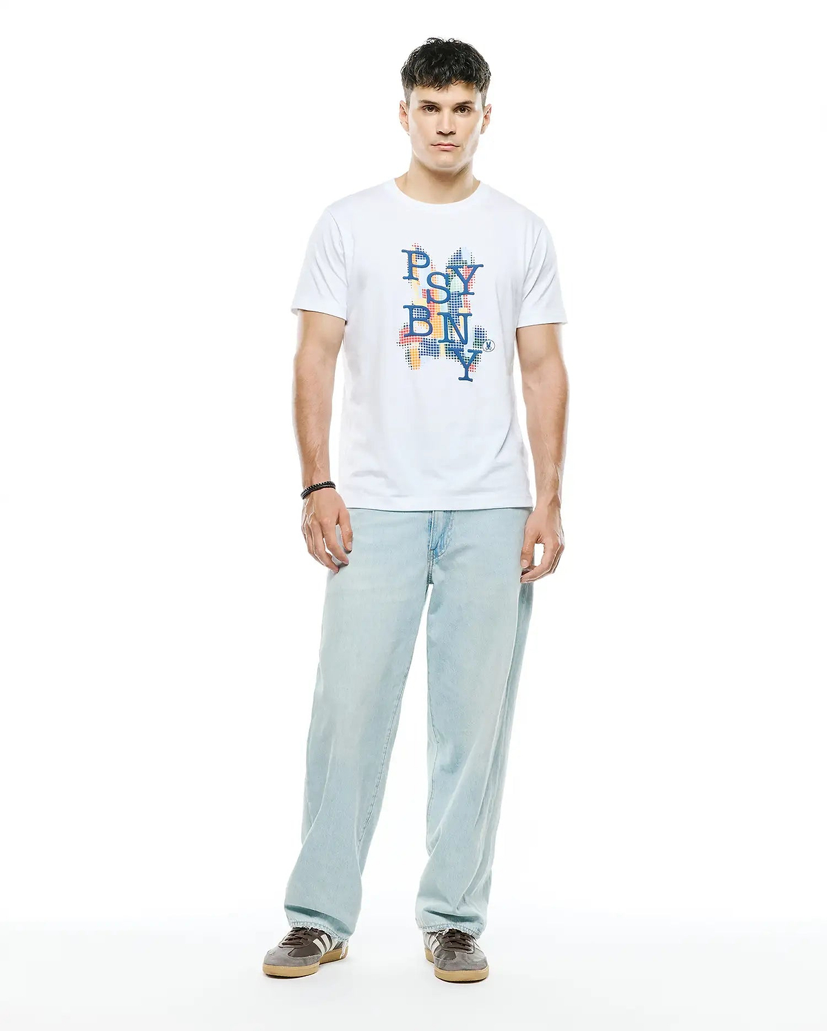 Mens Wes Graphic Tee, a white classic fit jersey t-shirt featuring a large colorful pixelated PSY BNY chest graphic with an integrated small Psycho Bunny skull logo.