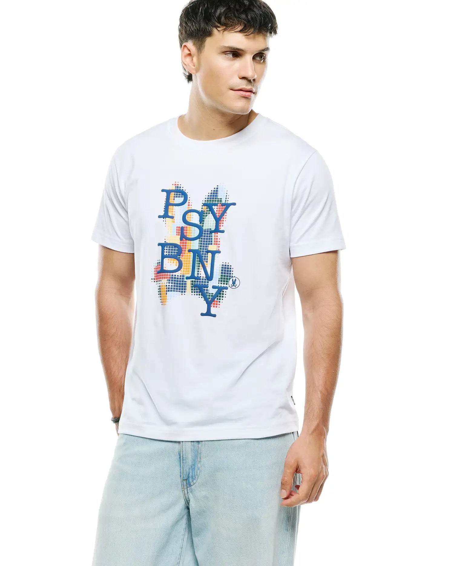 White Mens Wes Graphic Tee, classic fit, smooth jersey, featuring a large pixelated PSYCHO BUNNY chest graphic in blue over a colorful bunny skull shape, with a small embroidered logo at the hem.