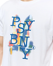 MENS WES GRAPHIC TEE. White jersey knit, classic fit. Features a large central raised blue PSYBNY graphic over a colorful pixelated grid background in red, yellow, green, and blue, with a small blue Psycho Bunny skull logo.