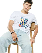 Mens Wes Graphic Tee, white classic fit smooth jersey knit with a large colorful pixelated PSYBNY chest graphic and small embroidered Psycho Bunny skull logo.