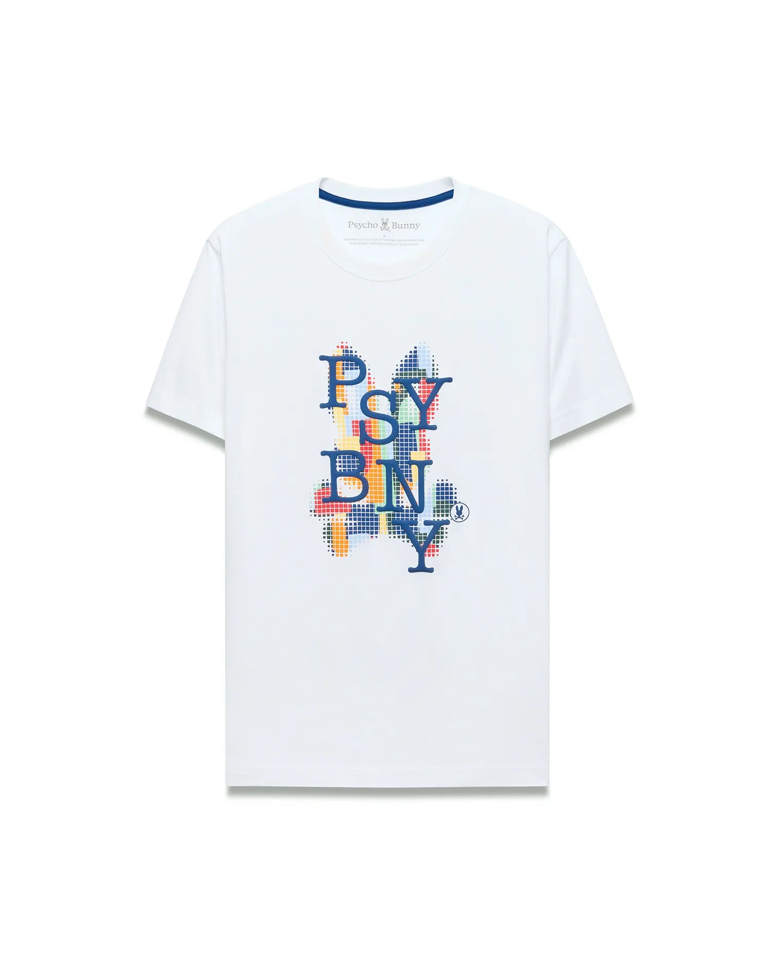 Mens Wes Graphic Tee, white classic fit soft jersey t-shirt with a large central pixelated PSYBNY graphic in blue, orange, red, and green, featuring a small Psycho Bunny logo.