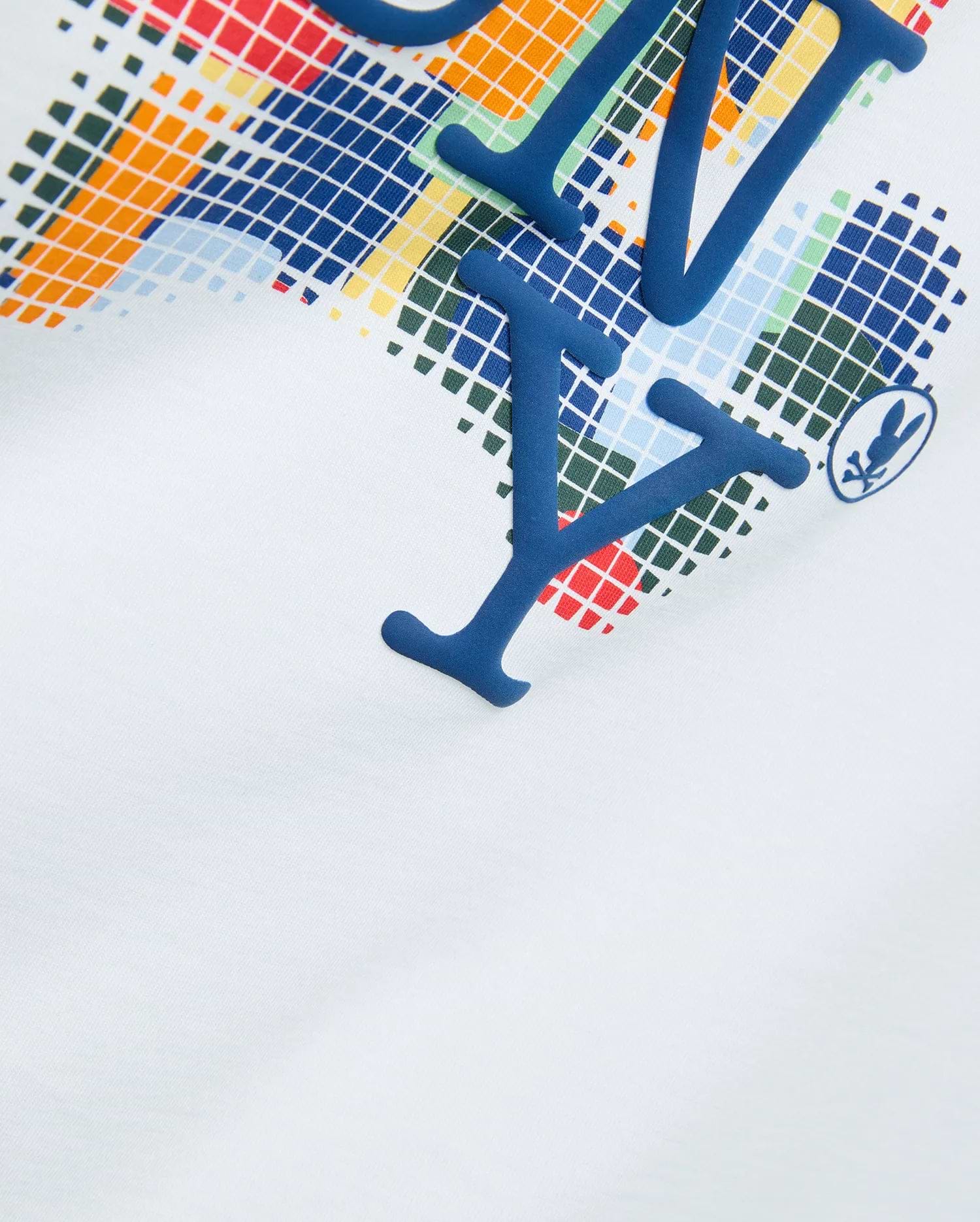 Mens Wes Graphic Tee, white jersey knit, featuring a bold raised blue NY text over a vibrant pixelated grid in red, orange, yellow, green, and light blue, with a small Psycho Bunny skull logo.