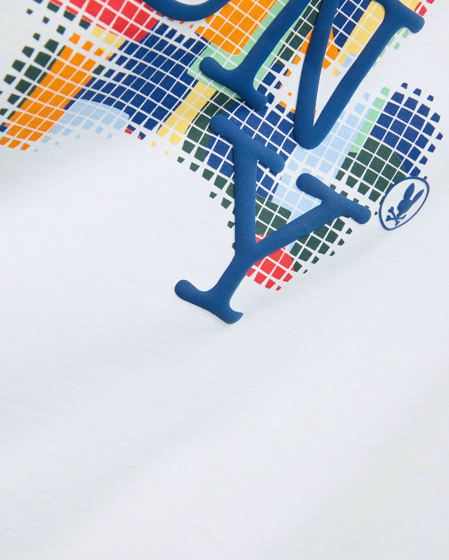 Mens Wes Graphic Tee, white jersey knit, featuring a bold raised blue NY text over a vibrant pixelated grid in red, orange, yellow, green, and light blue, with a small Psycho Bunny skull logo.