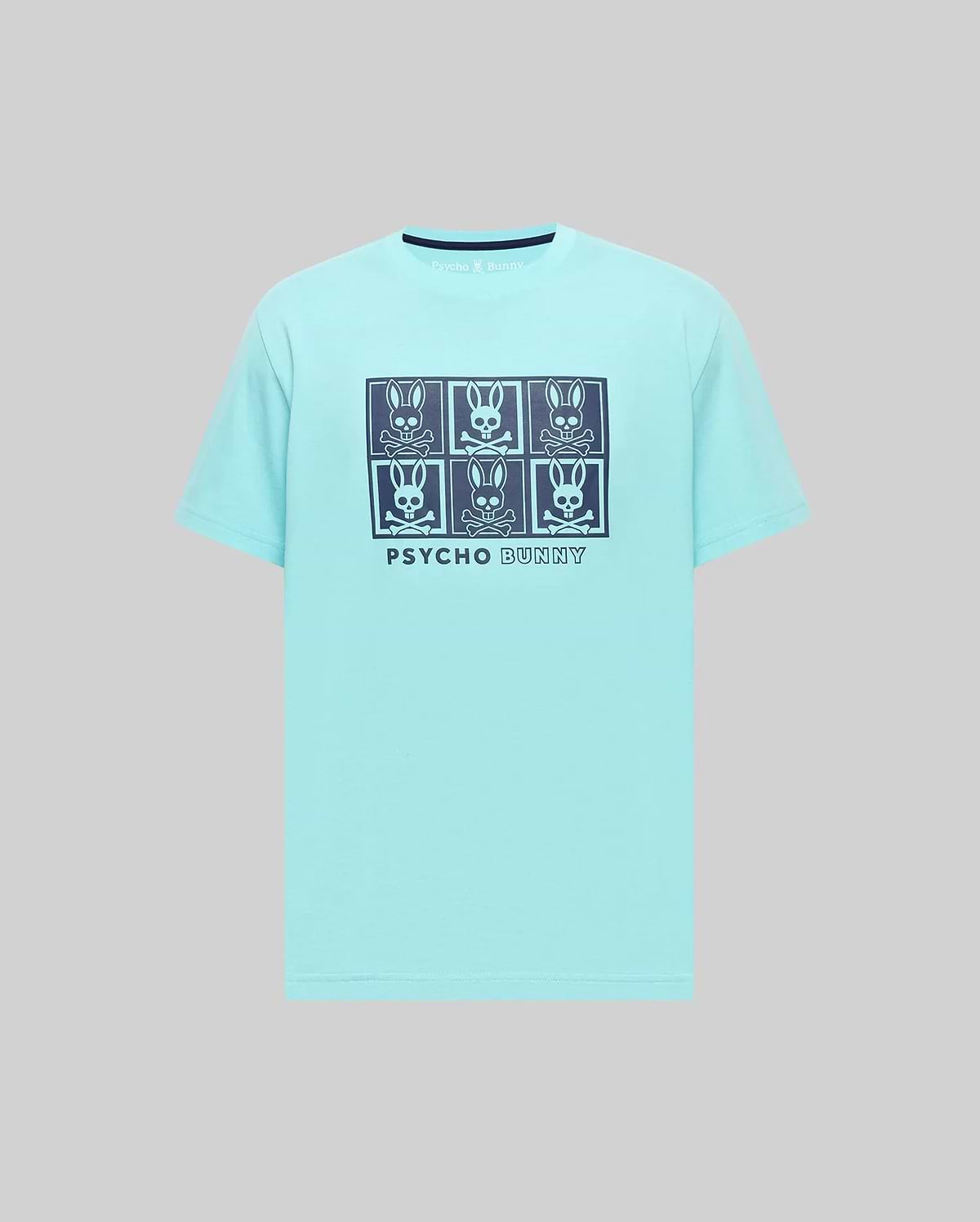 Mens Keon Graphic Tee, an aqua classic fit jersey knit t-shirt featuring a large dark blue grid graphic of six Psycho Bunny skull logos and text on the chest, with a ribbed crew neck.
