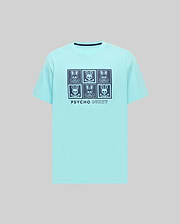 Mens Keon Graphic Tee, an aqua classic fit jersey knit t-shirt featuring a large dark blue grid graphic of six Psycho Bunny skull logos and text on the chest, with a ribbed crew neck.