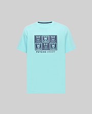Mens Keon Graphic Tee, an aqua classic fit jersey knit t-shirt featuring a large dark blue grid graphic of six Psycho Bunny skull logos and text on the chest, with a ribbed crew neck.