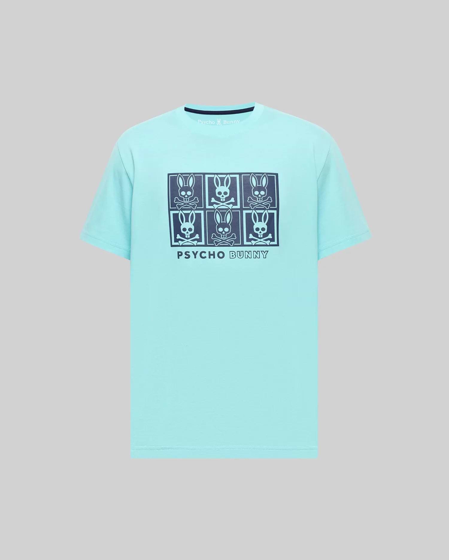 Mens Keon Graphic Tee, an aqua classic fit jersey knit t-shirt featuring a large dark blue grid graphic of six Psycho Bunny skull logos and text on the chest, with a ribbed crew neck.