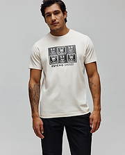 Mens Keon Graphic Tee, a cream classic fit jersey t-shirt with a large black central graphic print featuring six Psycho Bunny skull and crossbones logos and PSYCHO BUNNY text.