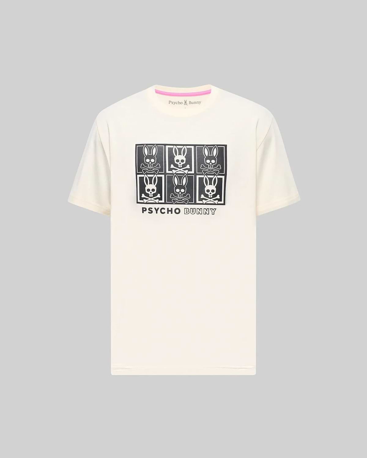 Mens Keon Graphic Tee, a cream classic fit jersey t-shirt featuring a prominent black 2x3 grid graphic of the iconic bunny skull logo and Psycho Bunny text on the chest, with a subtle pink inner neckline trim.