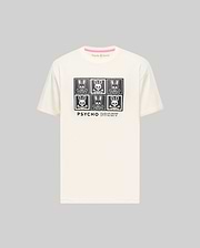 Mens Keon Graphic Tee, a cream classic fit jersey t-shirt featuring a prominent black 2x3 grid graphic of the iconic bunny skull logo and Psycho Bunny text on the chest, with a subtle pink inner neckline trim.
