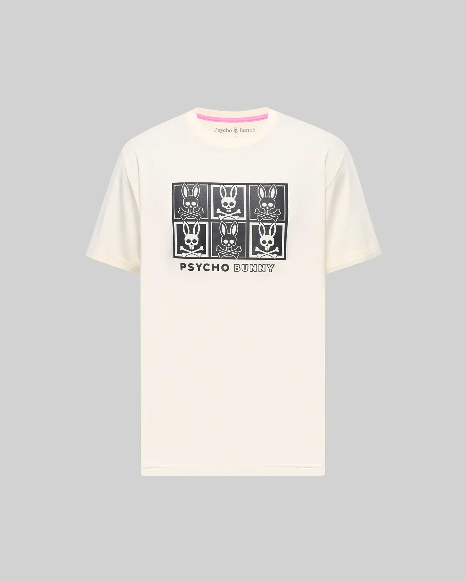 Mens Keon Graphic Tee, a cream classic fit jersey t-shirt featuring a prominent black 2x3 grid graphic of the iconic bunny skull logo and Psycho Bunny text on the chest, with a subtle pink inner neckline trim.