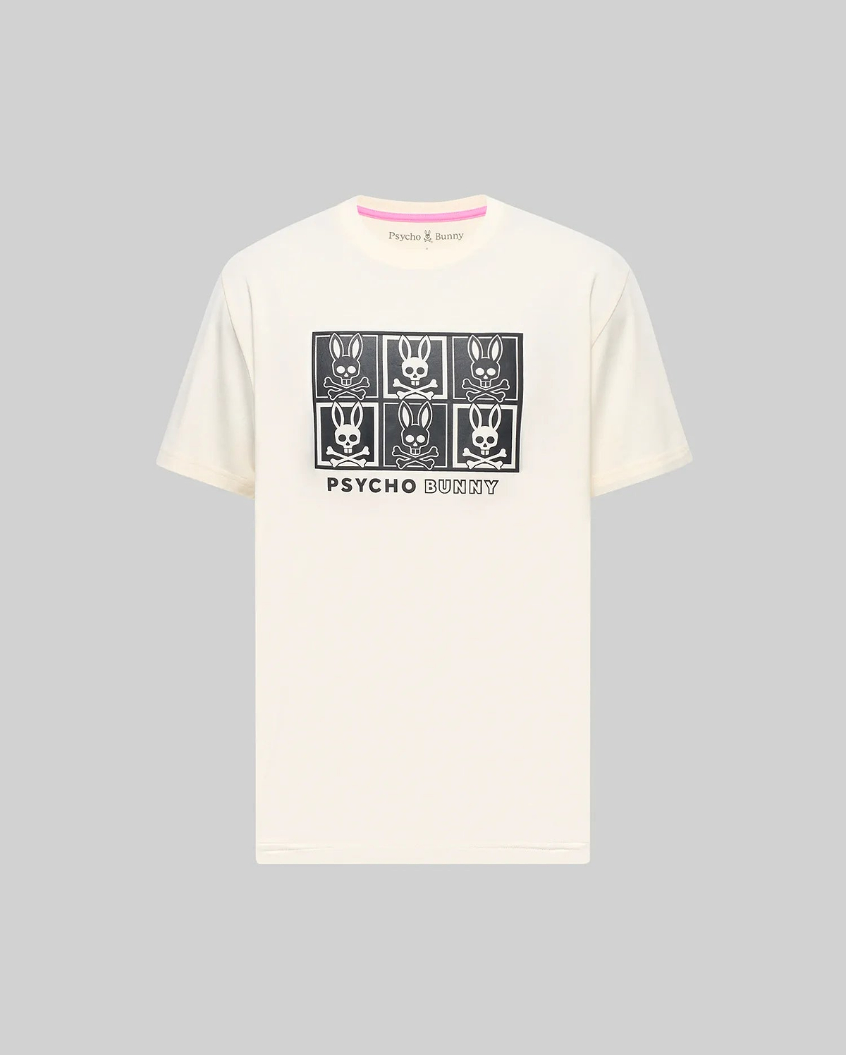 Mens Keon Graphic Tee, a cream classic fit jersey t-shirt featuring a prominent black 2x3 grid graphic of the iconic bunny skull logo and Psycho Bunny text on the chest, with a subtle pink inner neckline trim.