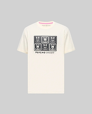 Mens Keon Graphic Tee, a cream classic fit jersey t-shirt featuring a prominent black 2x3 grid graphic of the iconic bunny skull logo and Psycho Bunny text on the chest, with a subtle pink inner neckline trim.