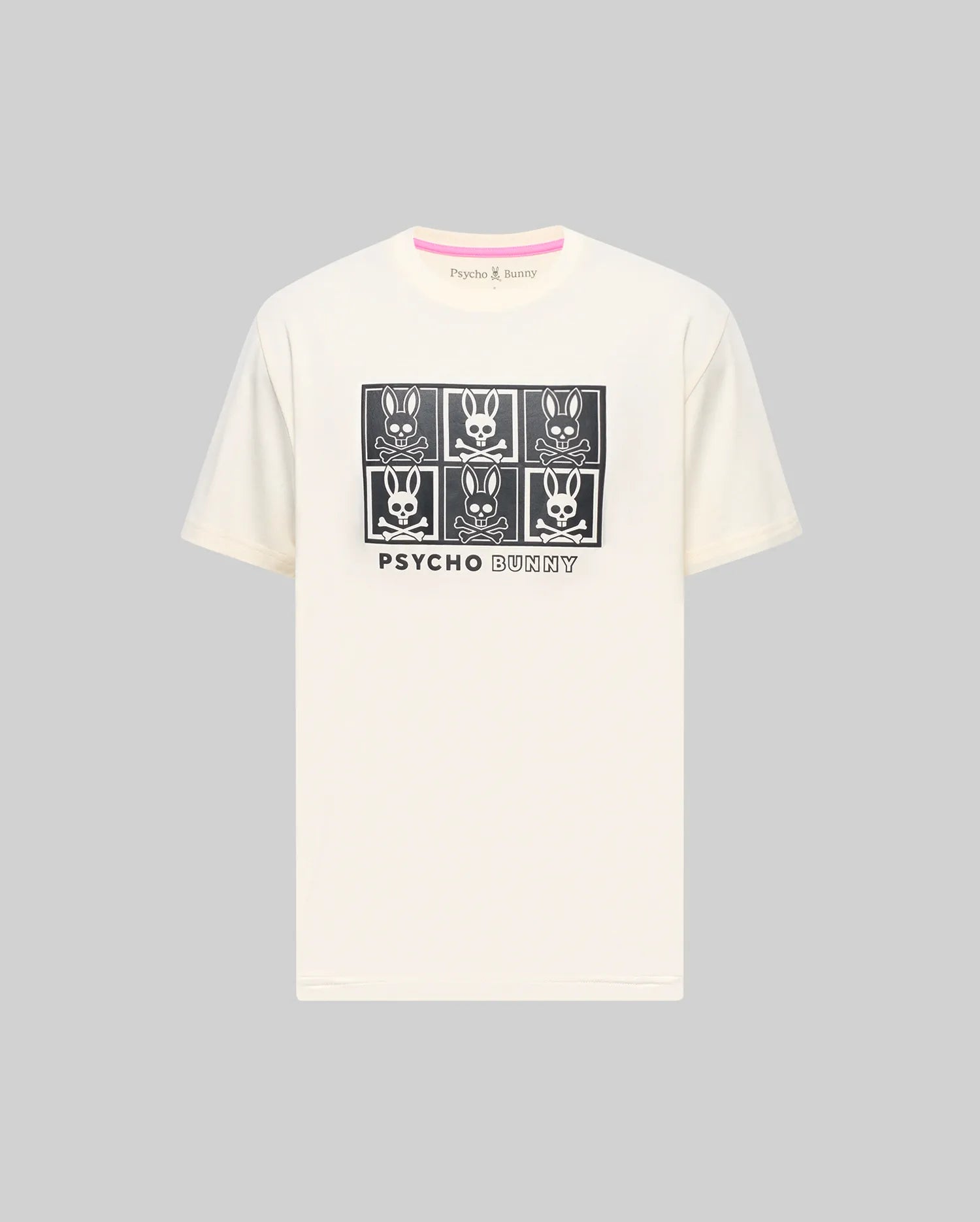 Mens Keon Graphic Tee, a cream classic fit jersey t-shirt featuring a prominent black 2x3 grid graphic of the iconic bunny skull logo and Psycho Bunny text on the chest, with a subtle pink inner neckline trim.