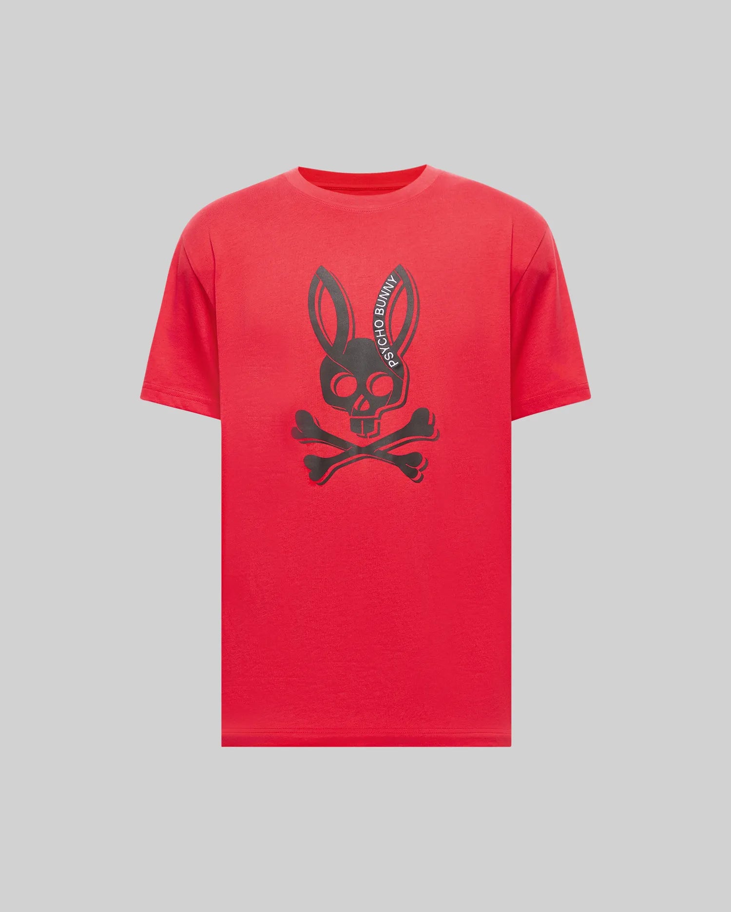 Mens Serge Embroidered Bunny Graphic Tee in vibrant red, showcasing a large central black Psycho Bunny skull and crossbones graphic with curved brand text, on a relaxed fit jersey knit.