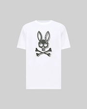 Mens Serge Embroidered Bunny Graphic Tee, a classic fit white jersey t-shirt featuring a large central dark grey embroidered Psycho Bunny skull and crossbones graphic with PSYCHO BUNNY text in the ear.