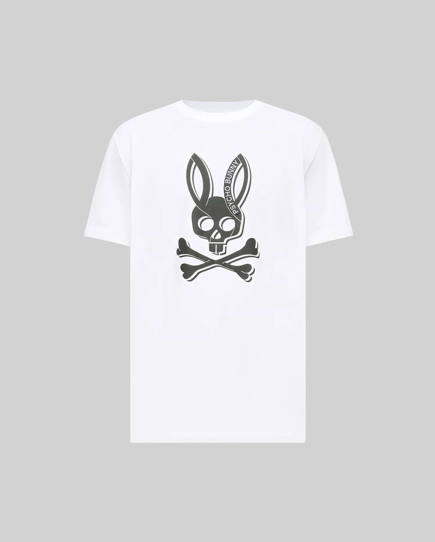 Mens Serge Embroidered Bunny Graphic Tee, a classic fit white jersey t-shirt featuring a large central dark grey embroidered Psycho Bunny skull and crossbones graphic with PSYCHO BUNNY text in the ear.