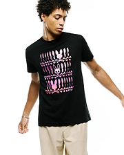 Mens Lewis Graphic Tee, black classic fit jersey t-shirt with a large pink gradient Psycho Bunny skull and crossbones graphic print on the chest, plus a small woven logo tag.