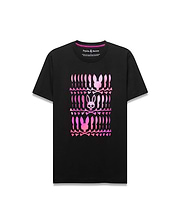 Mens Lewis Graphic Tee, a classic fit black jersey t-shirt featuring a large central gradient pink-to-purple graphic of stacked Psycho Bunny skull logos and crossbones.