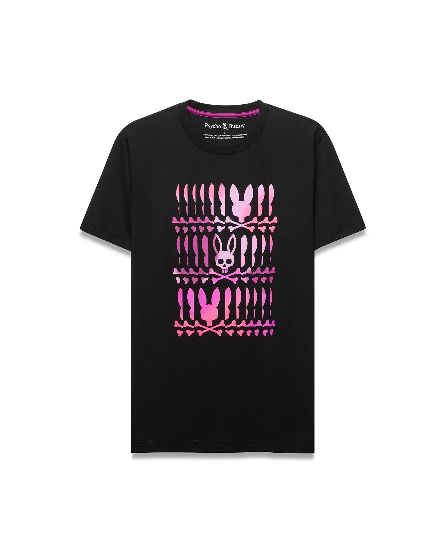 Mens Lewis Graphic Tee, a classic fit black jersey t-shirt featuring a large central gradient pink-to-purple graphic of stacked Psycho Bunny skull logos and crossbones.