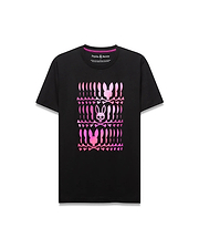 Mens Lewis Graphic Tee, a classic fit black jersey t-shirt featuring a large central gradient pink-to-purple graphic of stacked Psycho Bunny skull logos and crossbones.