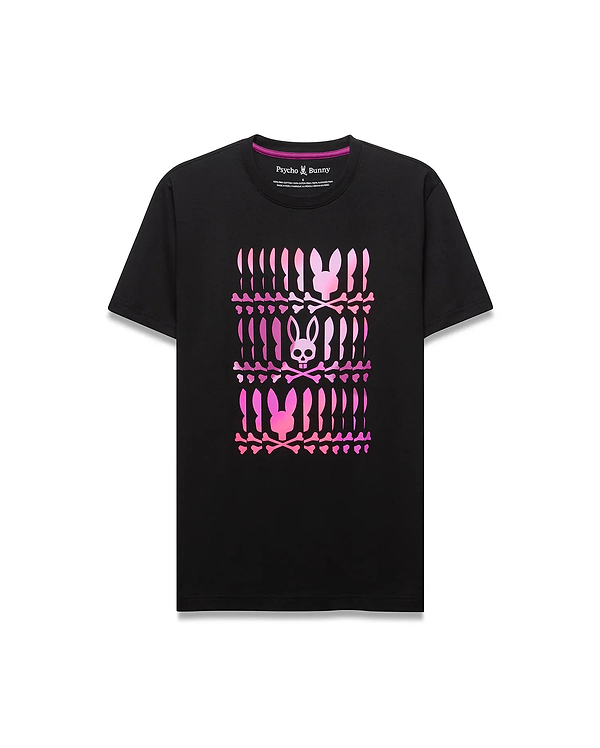 Mens Lewis Graphic Tee, a classic fit black jersey t-shirt featuring a large central gradient pink-to-purple graphic of stacked Psycho Bunny skull logos and crossbones.
