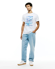Mens Lewis Graphic Tee, a classic fit white jersey t-shirt featuring a large chest graphic of repeating blue and purple gradient Psycho Bunny skull and crossbones motifs.