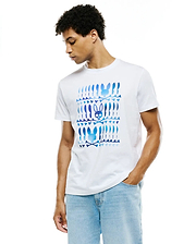 Mens Lewis Pima Cotton Graphic Tee, white classic fit Pima cotton jersey with a large central blue gradient Psycho Bunny skull and crossbones graphic, surrounded by repeating bunny silhouettes.