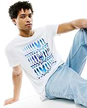 White Mens Lewis Pima Cotton Graphic Tee, classic fit, smooth jersey, with a large central blue and purple gradient Psycho Bunny skull and crossbones graphic pattern.