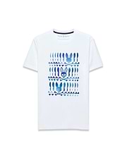 White Mens Lewis Graphic Tee, classic fit, soft jersey, with a bold blue gradient central graphic print of stacked Psycho Bunny skull logos and crossbones.