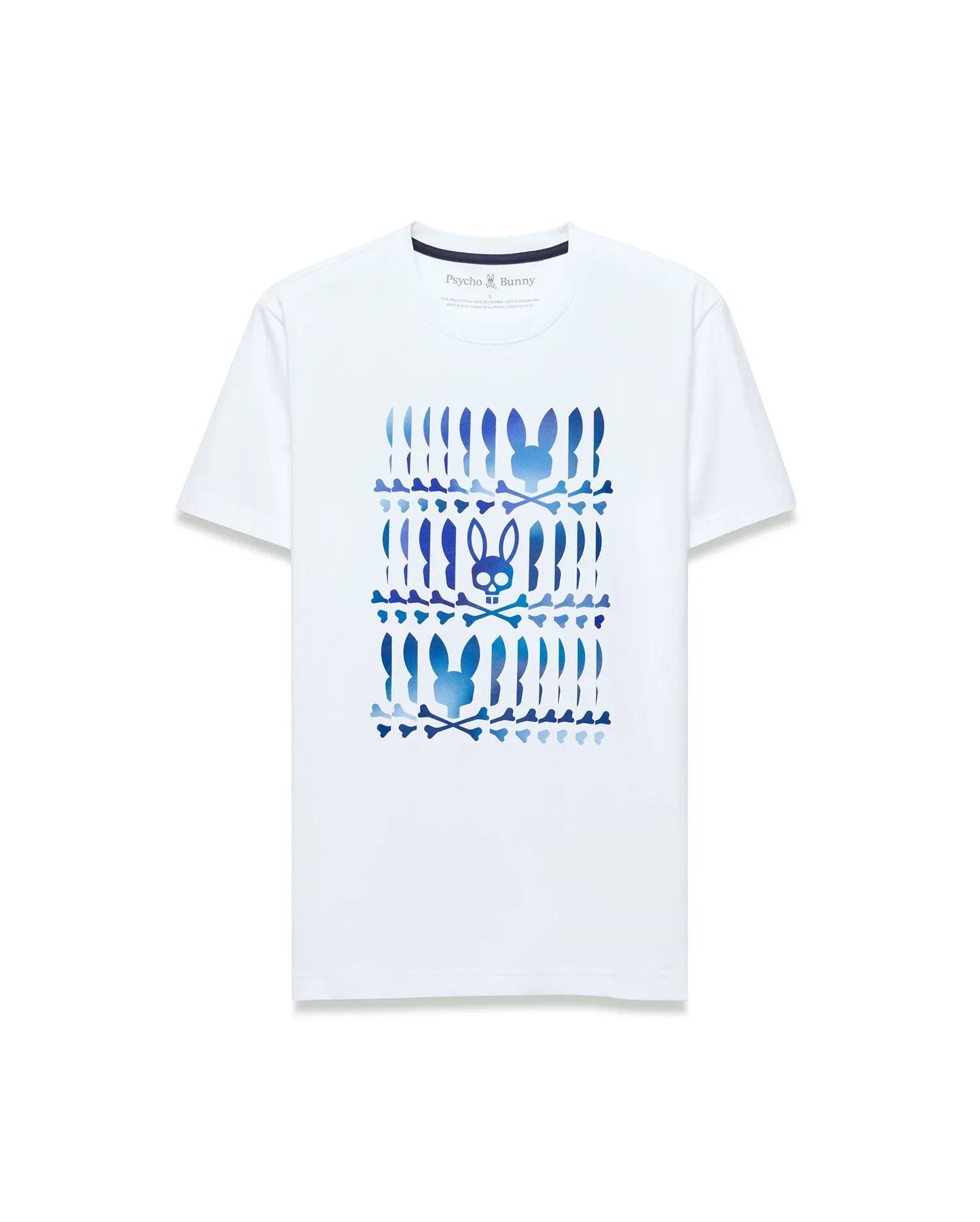 White Mens Lewis Graphic Tee, classic fit, soft jersey, with a bold blue gradient central graphic print of stacked Psycho Bunny skull logos and crossbones.