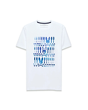 White Mens Lewis Graphic Tee, classic fit, soft jersey, with a bold blue gradient central graphic print of stacked Psycho Bunny skull logos and crossbones.
