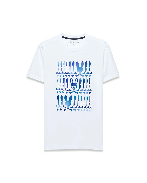 White Mens Lewis Graphic Tee, classic fit, soft jersey, with a bold blue gradient central graphic print of stacked Psycho Bunny skull logos and crossbones.