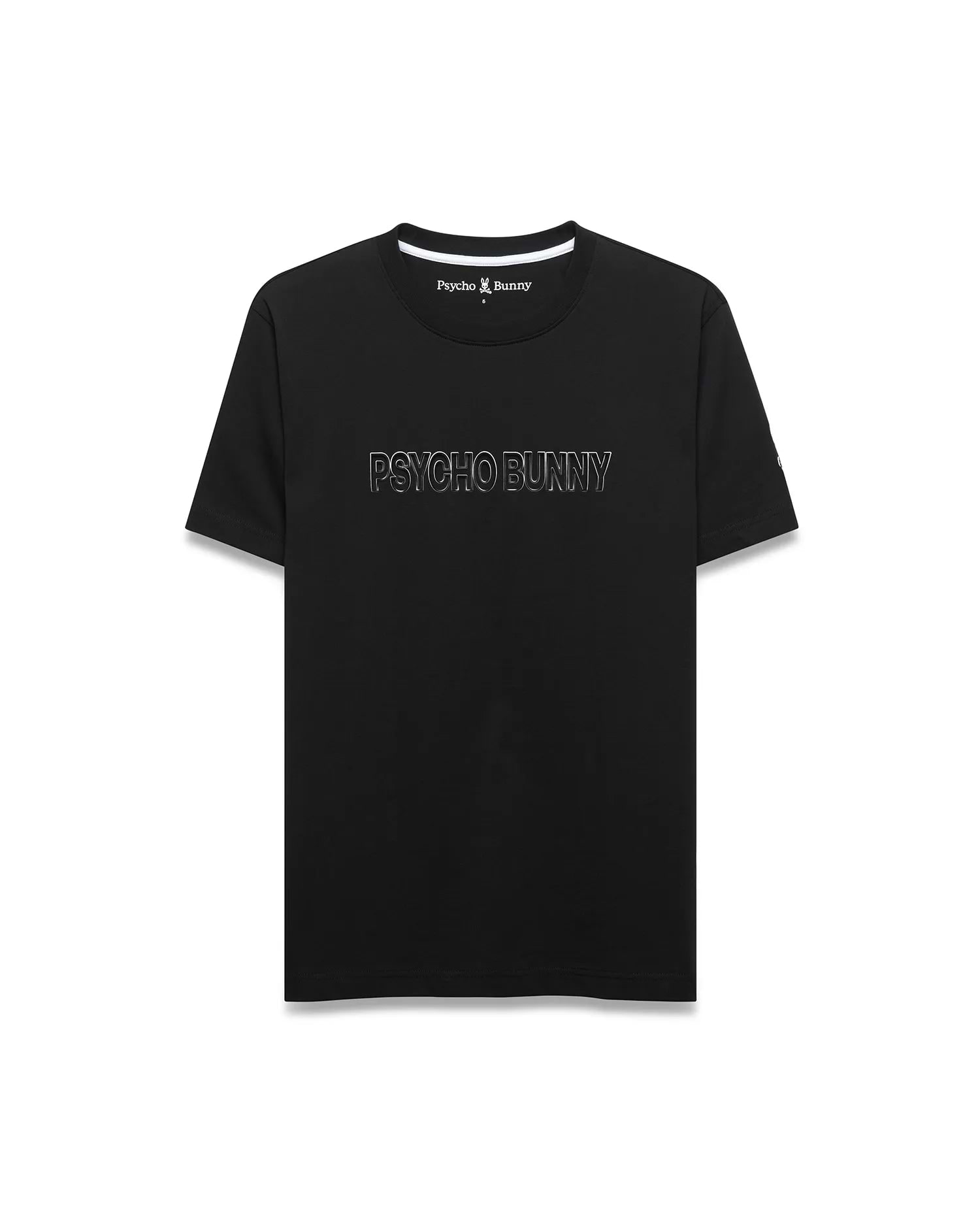 Mens Joji Wordmark Graphic Tee, a classic fit black jersey t-shirt with a white ribbed crewneck, featuring a large white outline PSYCHO BUNNY graphic on the front and a small embroidered bunny skull logo on the left chest.