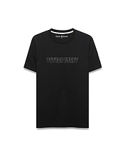 Mens Joji Wordmark Graphic Tee, a classic fit black jersey t-shirt with a white ribbed crewneck, featuring a large white outline PSYCHO BUNNY graphic on the front and a small embroidered bunny skull logo on the left chest.