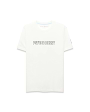 Mens Joji Wordmark Graphic Tee, a cream classic fit jersey t-shirt featuring a large outlined PSYCHO BUNNY chest graphic, blue neck tape, and a small blue Psycho Bunny tag on the left sleeve.
