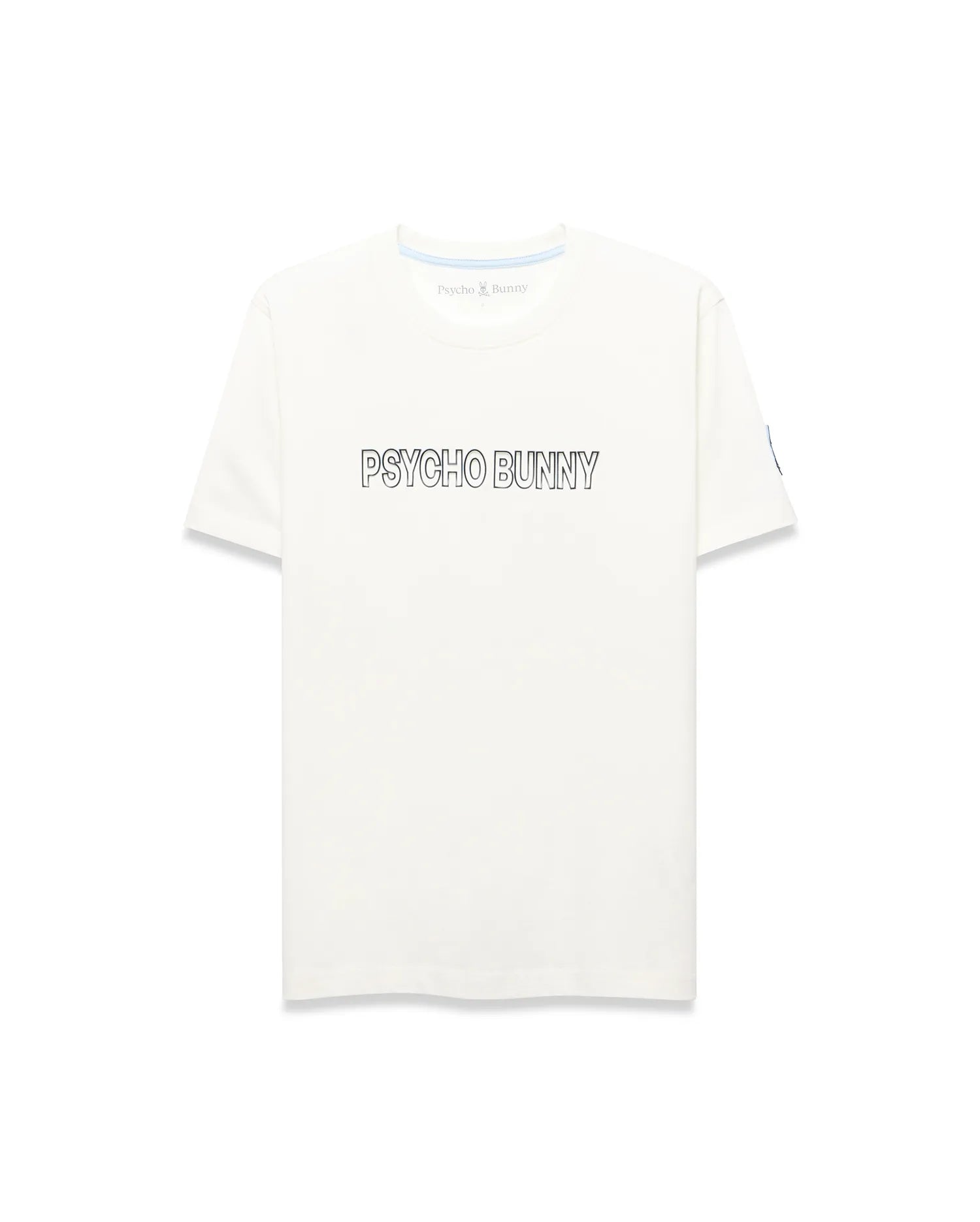 Mens Joji Wordmark Graphic Tee, a cream classic fit jersey t-shirt featuring a large outlined PSYCHO BUNNY chest graphic, blue neck tape, and a small blue Psycho Bunny tag on the left sleeve.