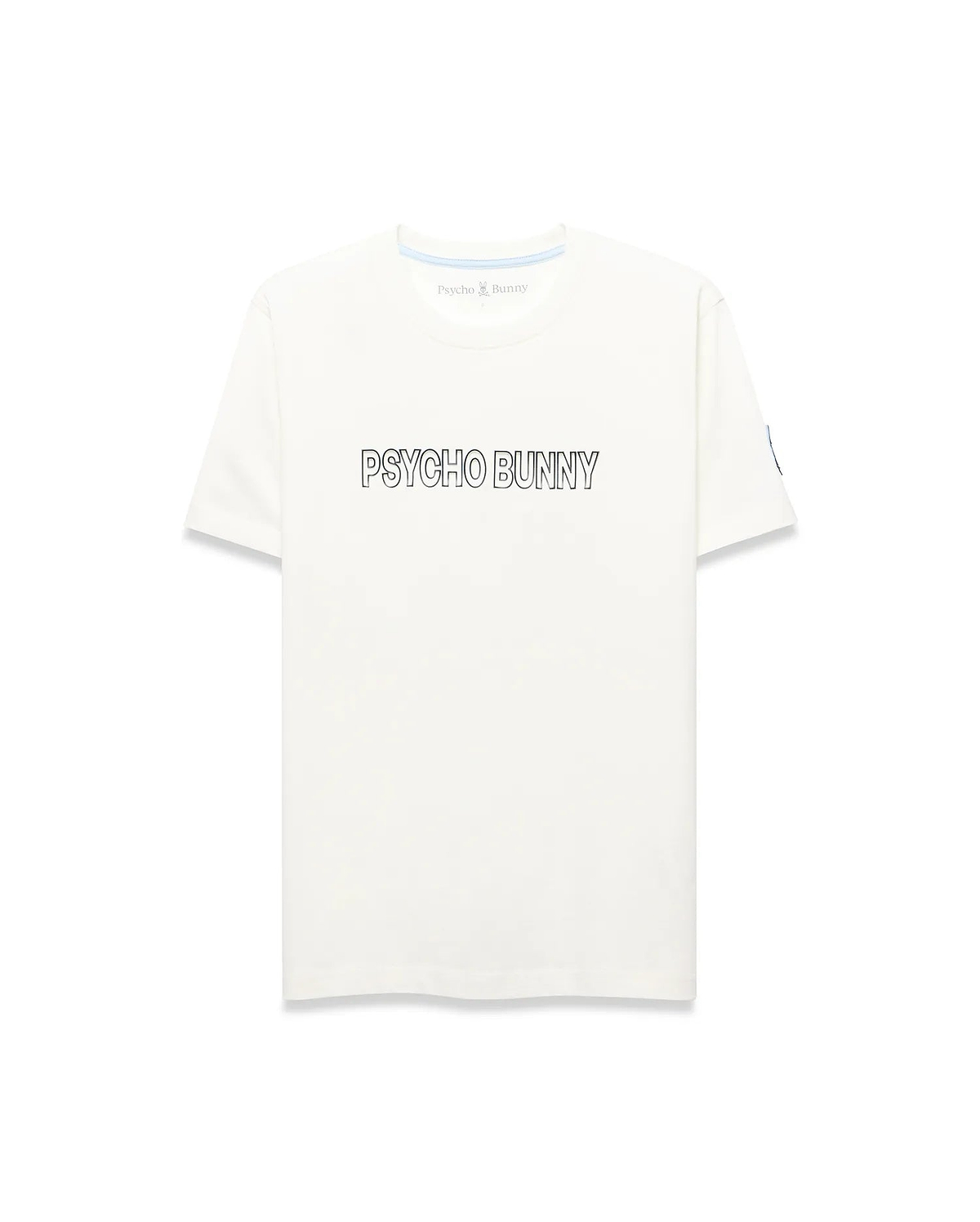 Mens Joji Wordmark Graphic Tee, a cream classic fit jersey t-shirt featuring a large outlined PSYCHO BUNNY chest graphic, blue neck tape, and a small blue Psycho Bunny tag on the left sleeve.