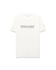 Mens Joji Wordmark Graphic Tee, a cream classic fit jersey t-shirt featuring a large outlined PSYCHO BUNNY chest graphic, blue neck tape, and a small blue Psycho Bunny tag on the left sleeve.