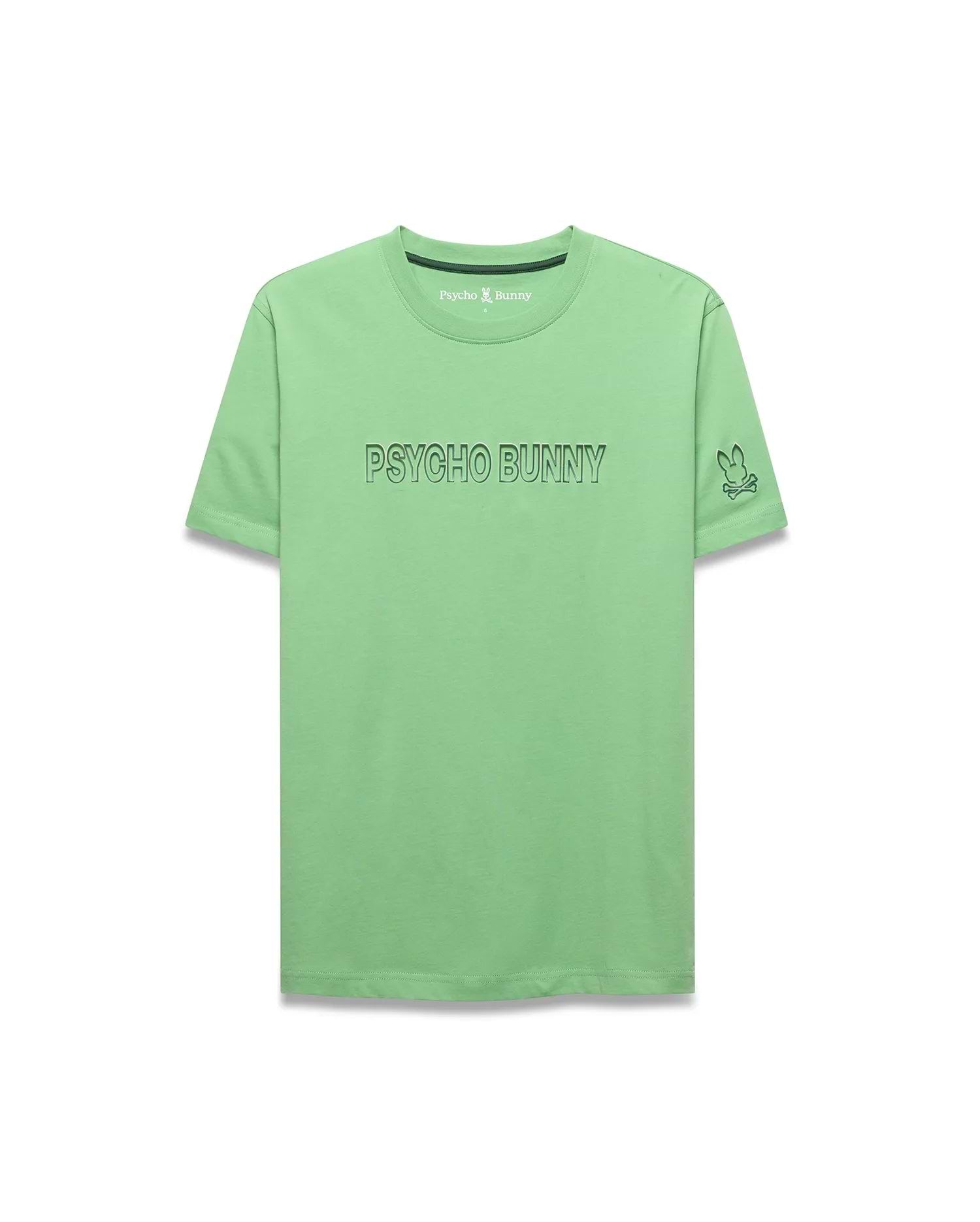 Mens Joji Wordmark Graphic Tee, vibrant light green classic fit jersey t-shirt with a large outlined PSYCHO BUNNY graphic on the chest and an embroidered bunny skull logo on the left sleeve. (5)