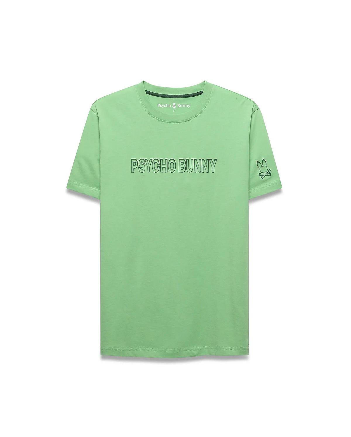 Mens Joji Wordmark Graphic Tee, vibrant light green classic fit jersey t-shirt with a large outlined PSYCHO BUNNY graphic on the chest and an embroidered bunny skull logo on the left sleeve. (5)