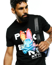 Mens Kenji Pima Cotton Graphic Tee in black, featuring a large iridescent rainbow Psycho Bunny skull logo and white PSYCHO BUNNY NY text on the chest, with a classic fit and smooth jersey texture.